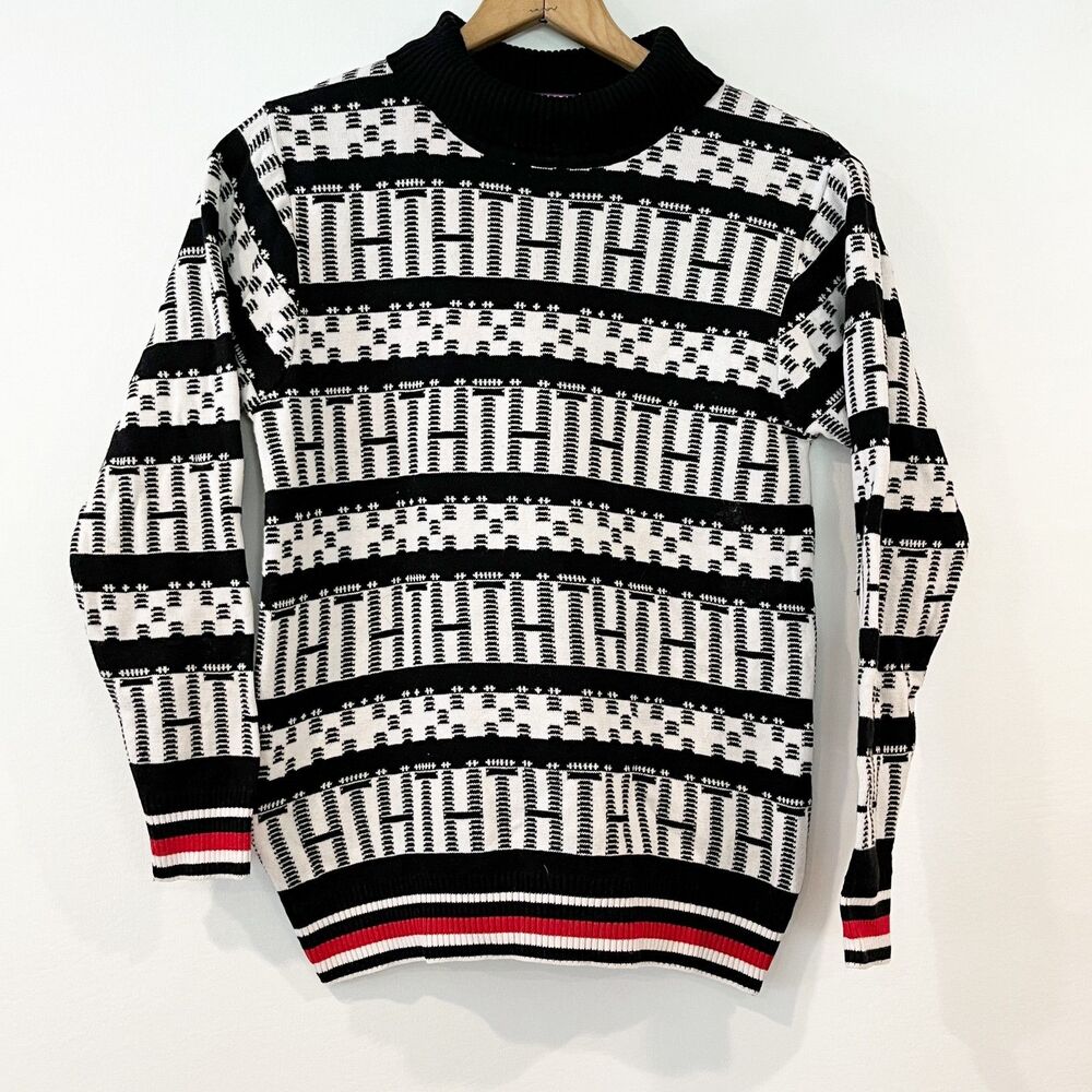 Tommy Hilfiger Black White Logo Fair Isle Turtleneck Sweater Medium